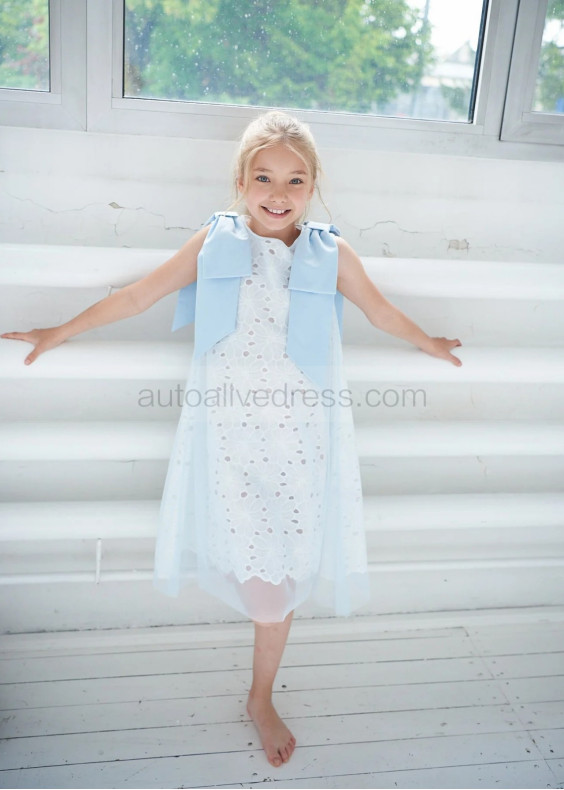 White And Blue Cotton Tulle Flower Girl Dress